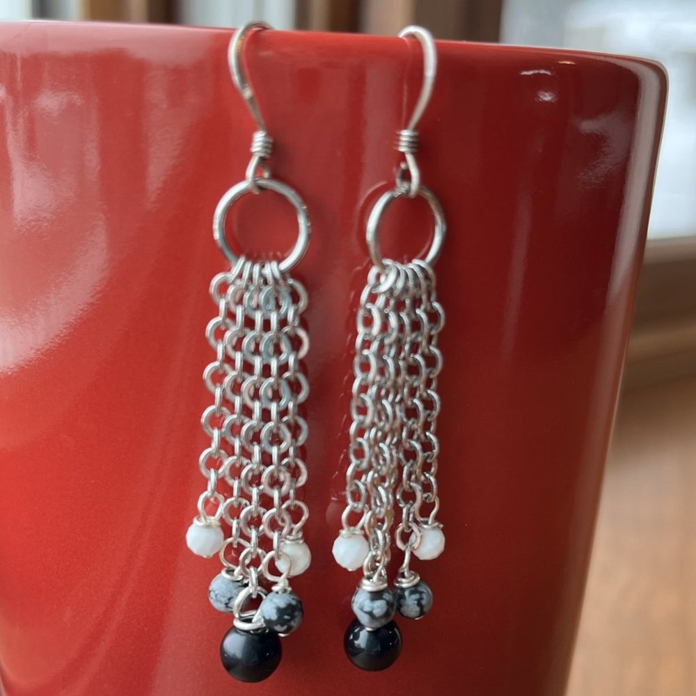 Obsidian and Howlite with Silver Chain Genuine Gemstone Earrings, Handmade - Picture 3 of 5
